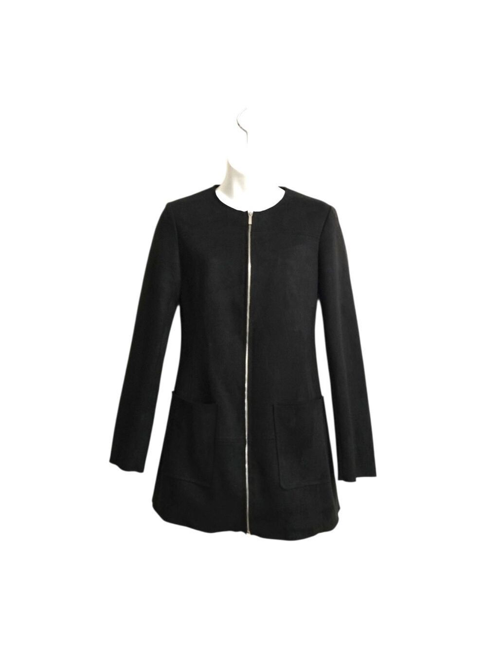 Zara Black Faux Suede Collarless Semi-Fitted Contemporary Jacket Sz XS